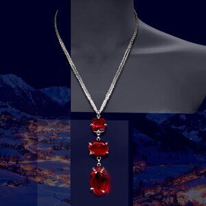 NECKLACE Silver Chain Triple Pendant Ruby Czech Crystal